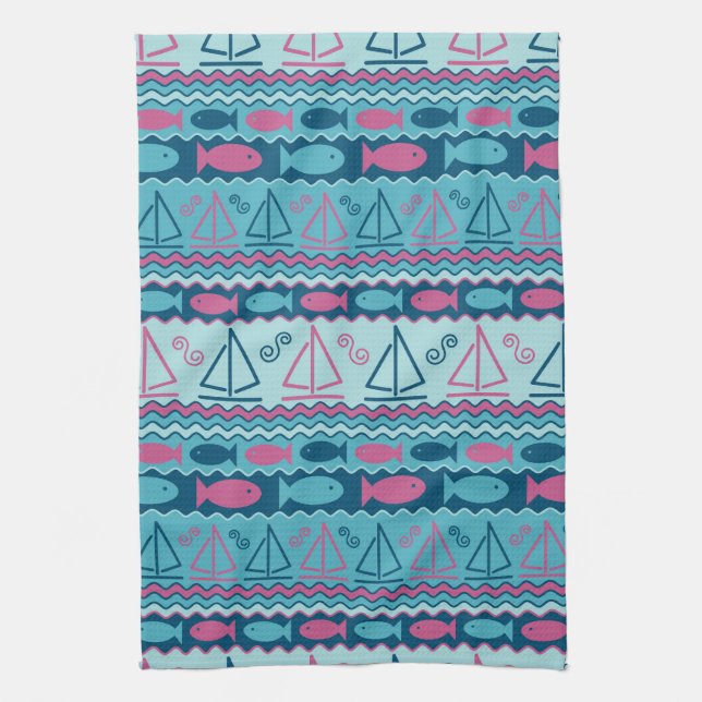 Super Fun Fish And Sailboat Pattern Kitchen Towel (Vertical)