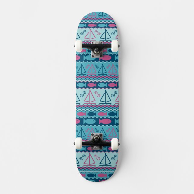 Super Fun Fish And Sailboat Pattern Skateboard Deck (Front)