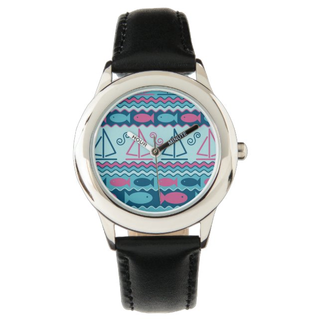 Super Fun Fish And Sailboat Pattern Watch (Front)