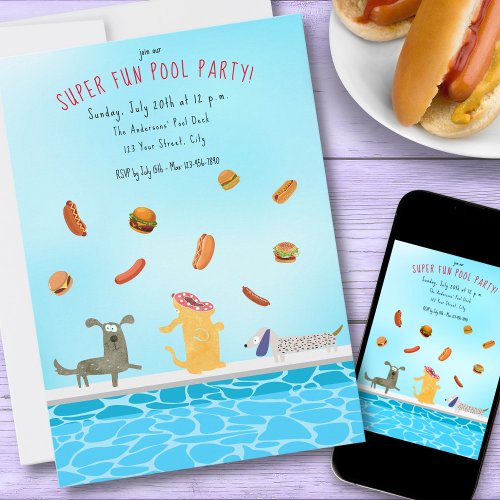 Super Fun Pool Party Hungry Funny Dogs Invitation