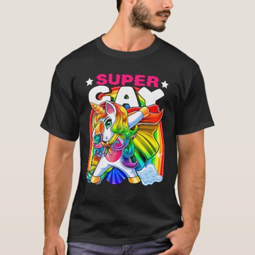 Super Gay Dabbing Unicorn LGBT Flag Gay Pride Para T_Shirt