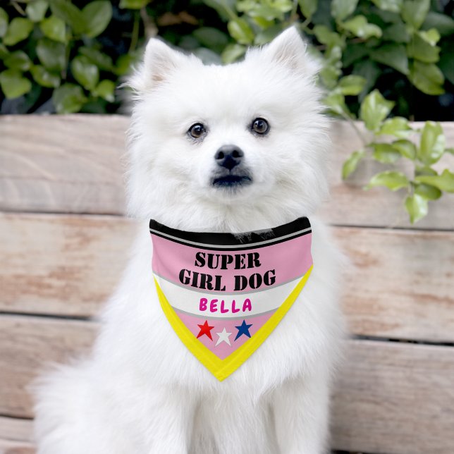 Super Girl Dog Stars Yellow Pink Name Pet Bandana Collar (Dog)