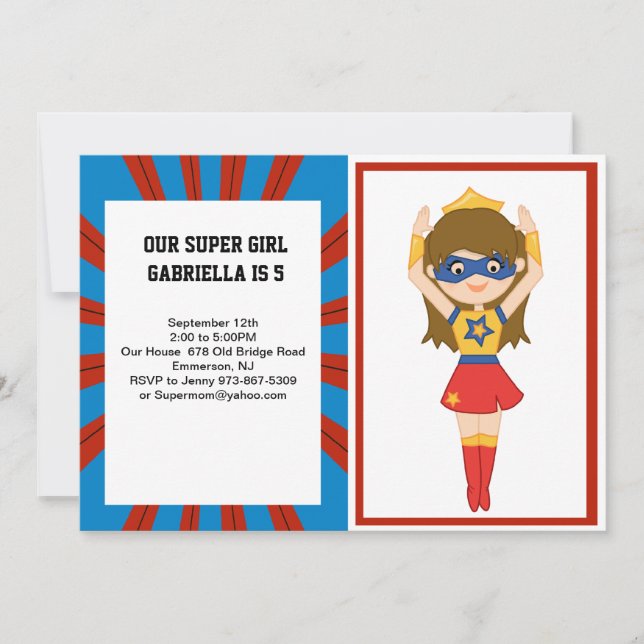 Super Girl Hero Birthday Invitation (Front)