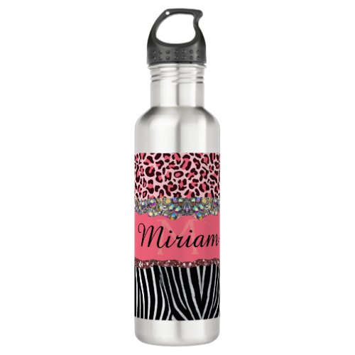 Super Girly Pink Glitter Exotic Leopard Print Stainless Steel Water Bottle