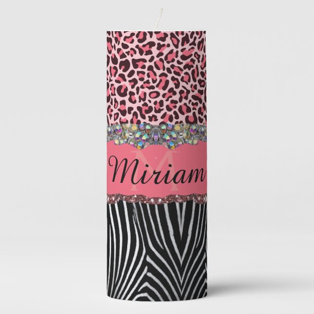 Super Girly Pink Glitter Exotic Leopard Print  Tri Pillar Candle (Front)