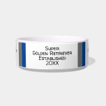 Super Golden Retriever Est. 20XX Gray Template  Bowl<br><div class="desc">Super Golden Retriever Est. 2023 Blue and Gray Striped Template Bowl. Add your pet's name and details to this cute,  blue and gray striped pattern pet bowl. Enjoy!</div>
