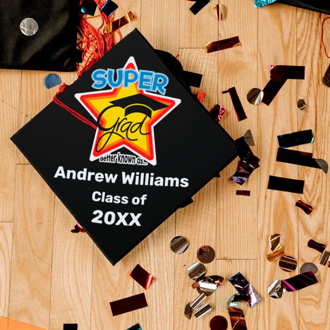 Super Grad Logo-Personalize Name and Year Graduation Cap Topper (Celebrate your graduation with this awesome and fun superhero design!)