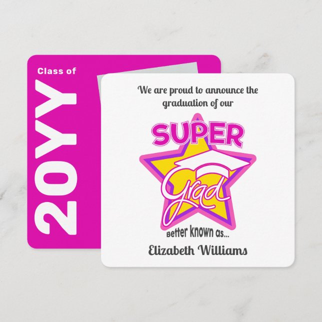 Super Grad Pink Graduation Announcement-Editable (Front/Back)