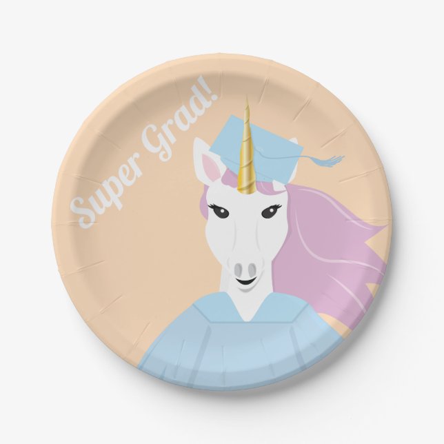 Super Grad Unicorn Peach Blue Purple Graduation Paper Plates (Front)