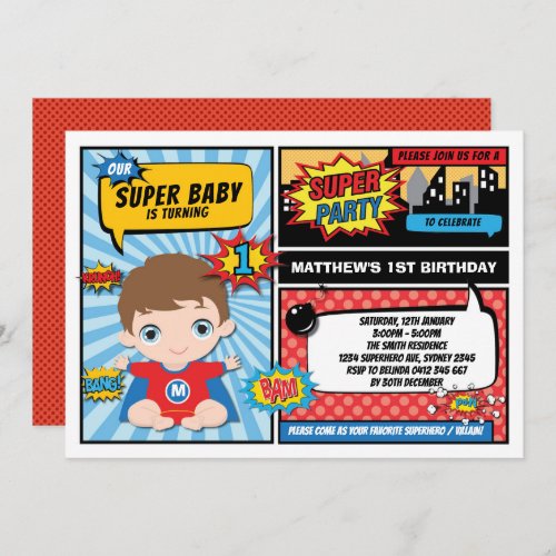 Super Hero 1st Birthday Superhero Comics Party Invitation