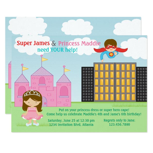 Super Hero And Princess Twins Joint Birthday Party Invitation