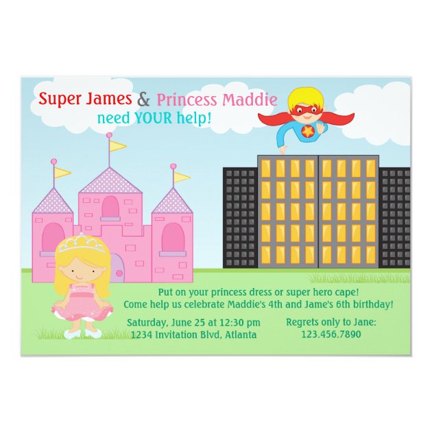 Super Hero And Princess Twins Joint Birthday Party Invitation