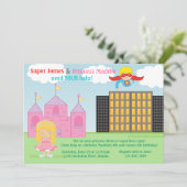Super Hero and Princess Twins Joint Birthday Party Invitation (Standing Front)