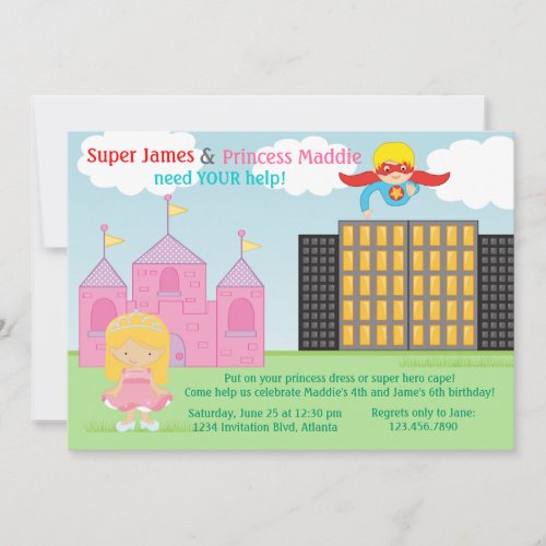 Super Hero and Princess Twins Joint Birthday Party Invitation