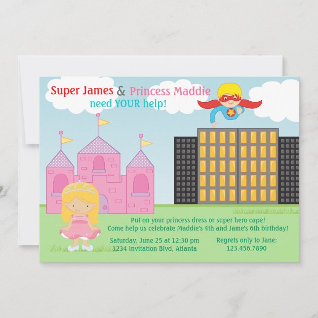 Super Hero and Princess Twins Joint Birthday Party Invitation (Front)