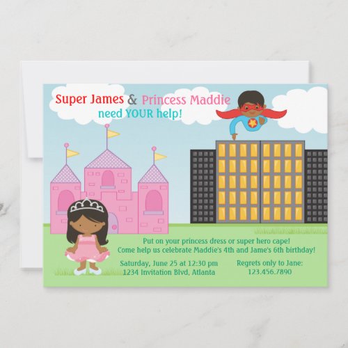 Super Hero and Princess Twins Joint Birthday Party Invitation