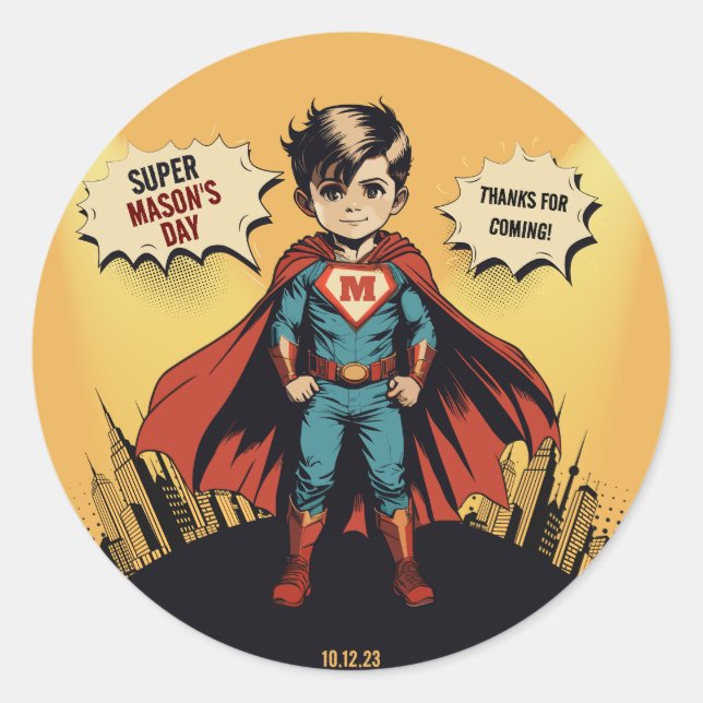 Super Hero birthday boy Classic Round Sticker (Front)