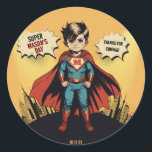 Super Hero birthday boy Classic Round Sticker<br><div class="desc">Super boy birthday STICKER</div>