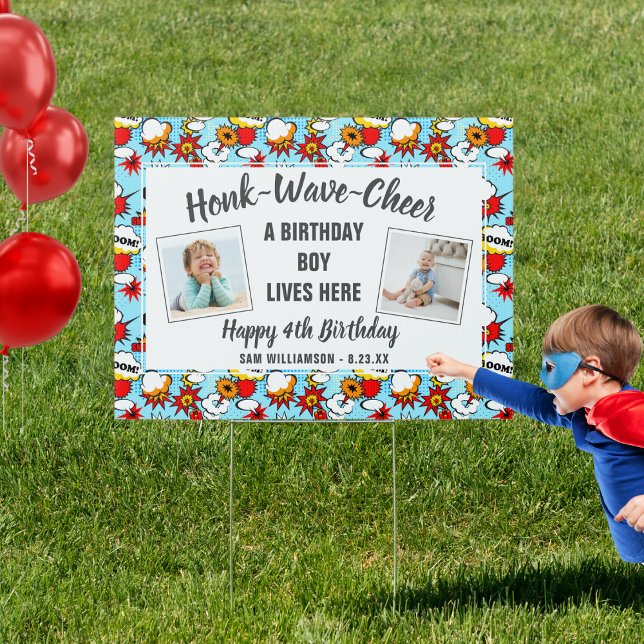 Super Hero Birthday Boy Photo Honk Wave Cheer Yard Sign (Creator Uploaded)