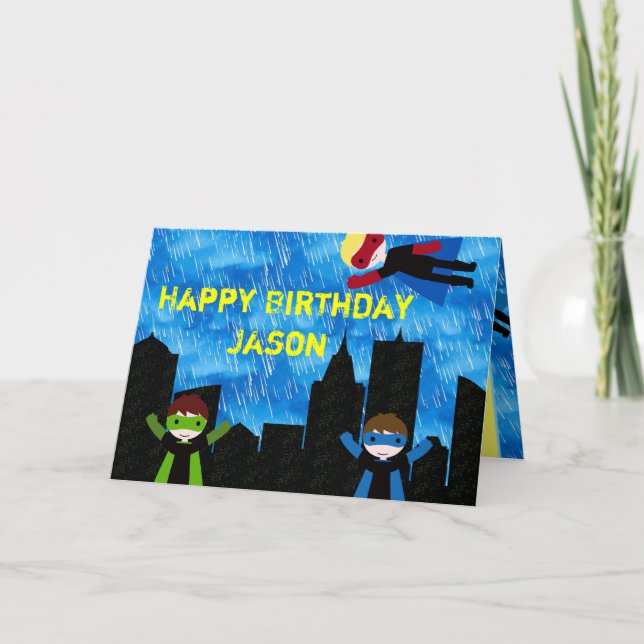 Super Hero Boys Bithday Party Card (Front)