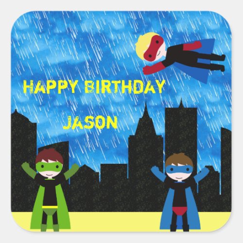 Super Hero Boys Bithday Party Square Sticker