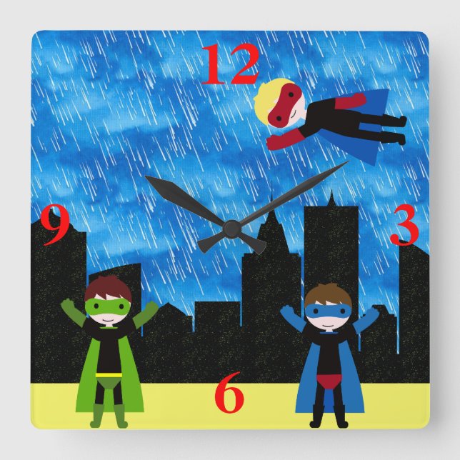 Super Hero Boys Bithday Party Square Wall Clock (Front)