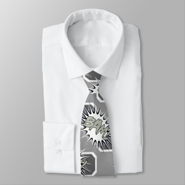 Super Hero Classic Bam! Grayscale Action Bubble Neck Tie (Tied)