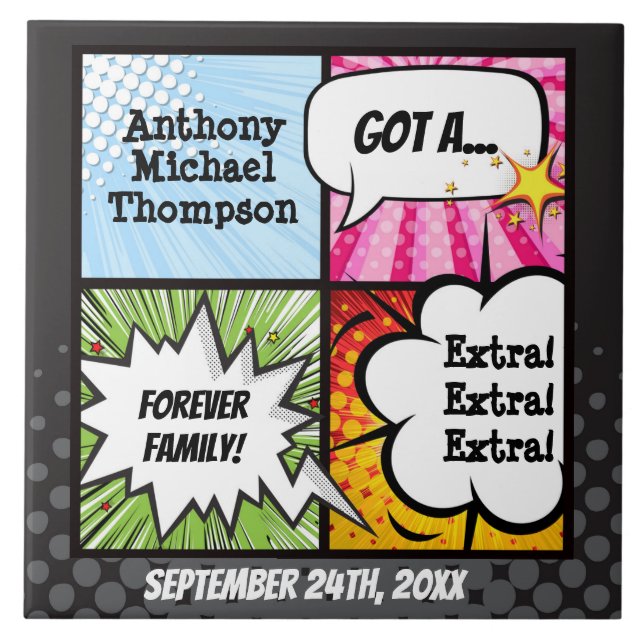 Super Hero Comic Book Adoption, Family Gift Ceramic Tile (Front)
