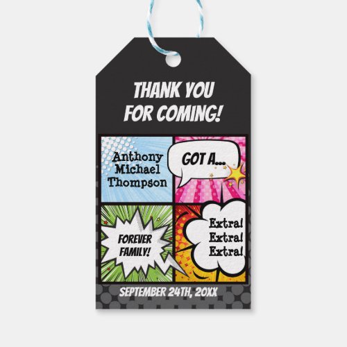 Super Hero Comic Book Adoption Party Favor Gift Tags