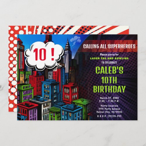 Super Hero Comic Book City Birthday Party Invitation