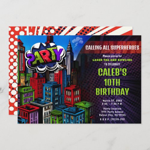 Super Hero Comic Book City Birthday Party Invitation