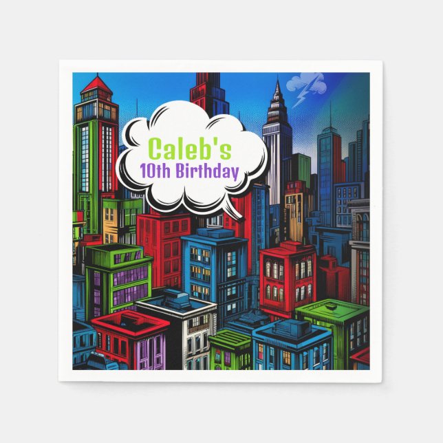 Super Hero Comic Book City Birthday Party Napkins (Front)