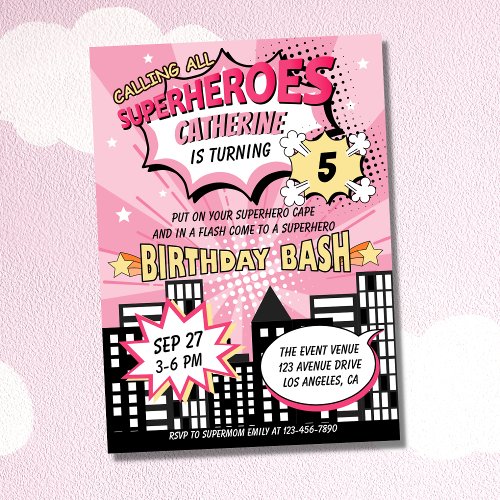 Super Hero Comic Book Style Girl Birthday Pink Invitation