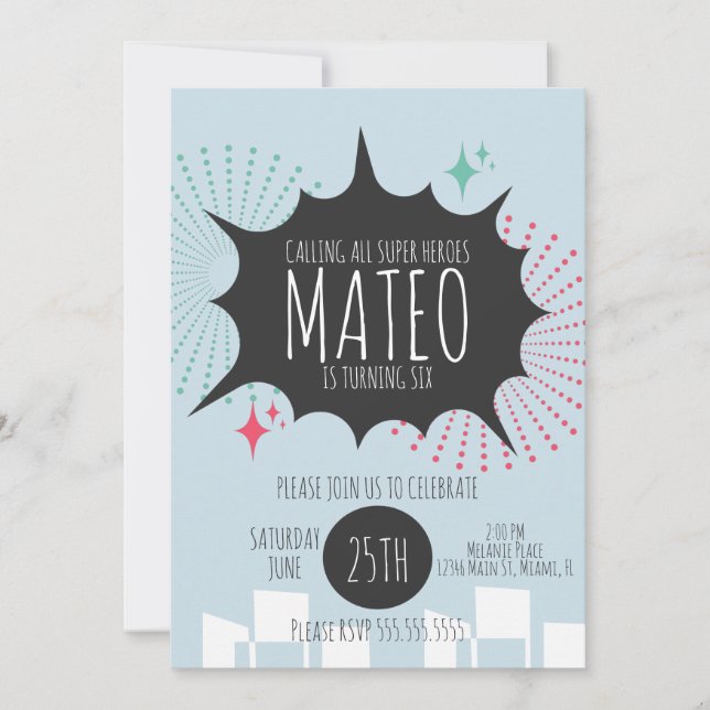 Super Hero Comic Speech Bubbles City Birthday Invitation (Front)