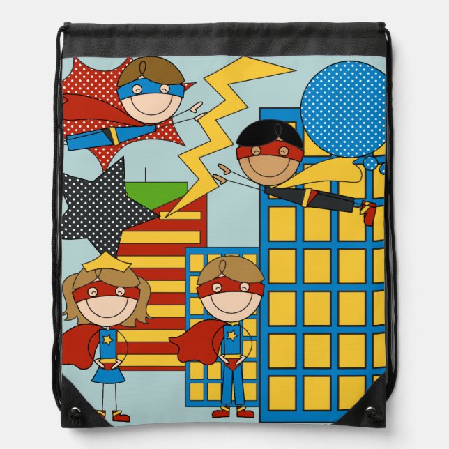 Super Hero Kids Drawstring Backpack Bag (Front)