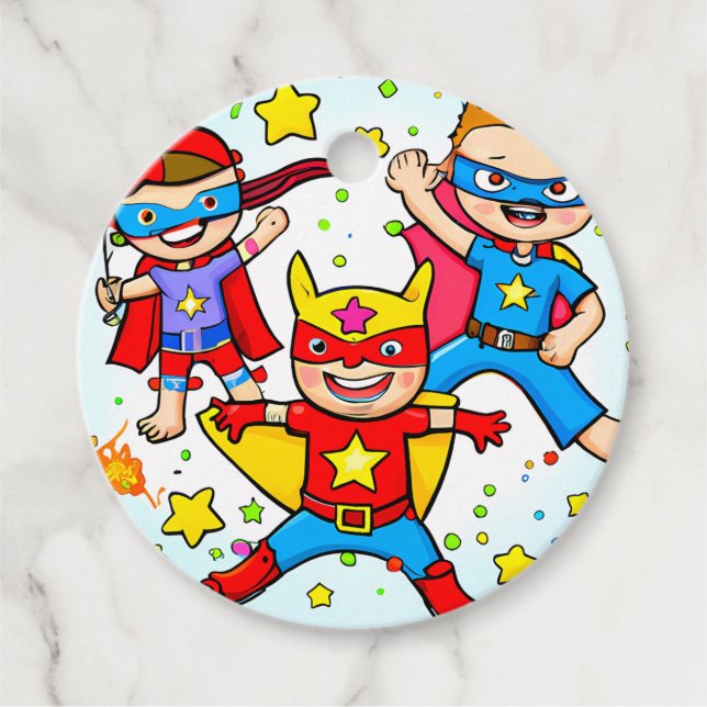 Super Hero Kids Themed Birthday Party Gift Tag (Front)