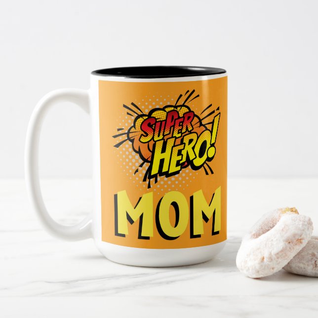 Super Hero Mom Comic Book Style Two-Tone Coffee Mug (With Donut)