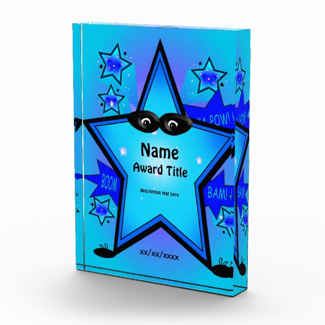 Super Hero Star Kid Custom Blue Acrylic Award (Right)