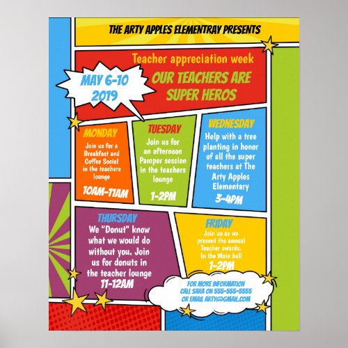 super hero Teacher Appreciation Week Itinerary Poster