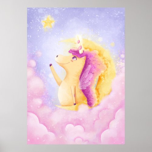 Super kindly curly Unicorn in fluffy pink clouds Poster