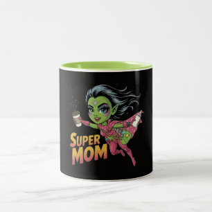 Super Mom Alien Hero Chibi Vector Cartoon Two-Tone Coffee Mug