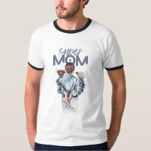 Super Mom Blue Watercolor Mother and Children Art