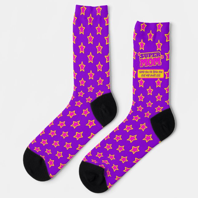 Super Mom custom message purple pink yellow star Socks (Left)