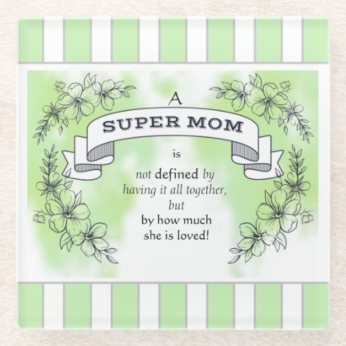 Super Mom Green  White Glass Coaster