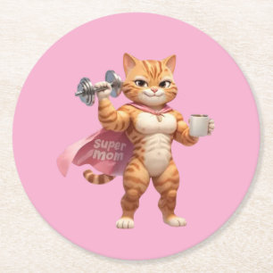 Super Mom Gym Cat Round Coaster