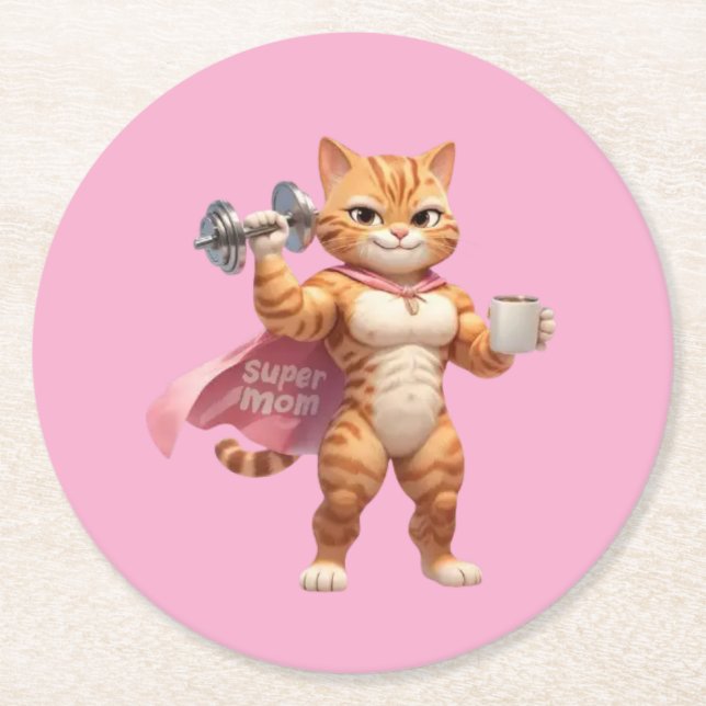 Super Mom Gym Cat Round Coaster (Front)