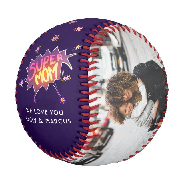 Super Mom Hand Lettering Purple Keepsake Photo Baseball (Angled)