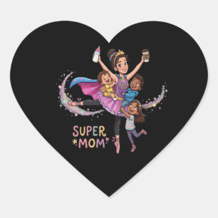 Super Mom: Hero Mother with Three Kids Illustratio Heart Sticker
