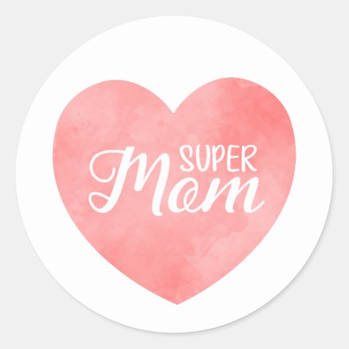 Super mom in pink watercolor heart mothers day  classic round sticker
