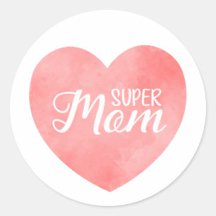 Super mom in pink watercolor heart, mother's day classic round sticker